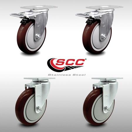 Service Caster 5 Inch SS Maroon Polyurethane Top Plate Caster Total Lock Brakes SCC, 2PK SCC-SSTTL20S514-PPUB-MRN-2-S-2